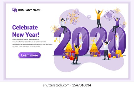 Happy new year 2020 concept. People are celebrating the new year with gift boxes and fireworks. Can use for web banner, poster, landing page, web template. Vector illustration