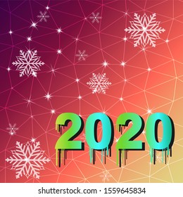 Happy New Year 2020 concept and festive Christmas of white stylish snowflakes on colorful mesh tools and circuit board polygon background. Vector illustration.
