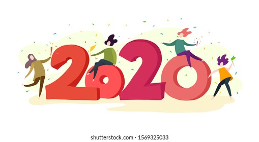 Happy New Year 2020 concept, greeting card with people character flat design, Cartoon vector Illustration for new eve template.