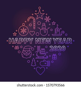 Happy New Year 2020 concept thin line vector colored illustration on dark background