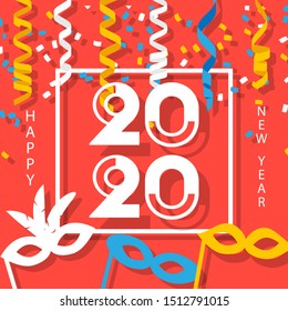 Happy New Year 2020 with confetti, streamers and carnival masks. Lettering greeting inscription.  Vector illustration 