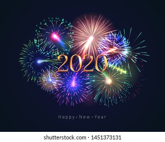 Happy new year 2020 congratulation with fireworks series. Celebratory template with realistic dazzling display of fireworks on dark background vector illustration. Winter holiday festival show