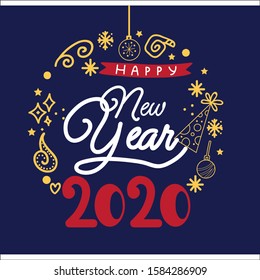 Happy New Year 2020 cover. Template of business design card, banner on dark bakground. Vector illustration.