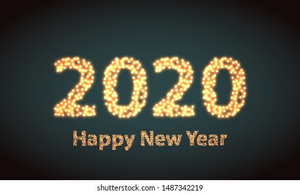 Happy new year 2020 creative greeting card or logo design in circles dots. Flat design particle poster on green background. Vector illustration