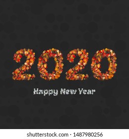 Happy new year 2020 creative greeting card or logo design in gold circles dots. Flat design poster on black background. Vector illustration