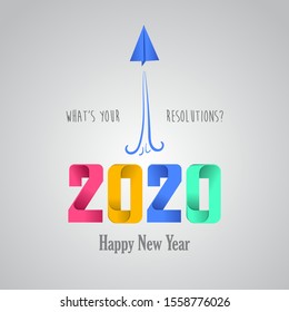 Happy New Year 2020 creative banner with paper folded concept with future goal resolution icon in full color