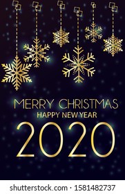 Happy New Year 2020 - New Year, Creative. Black background. Futuristic snowflakes design. Banner, poster, numbers, cover, text. Vector EPS 10.