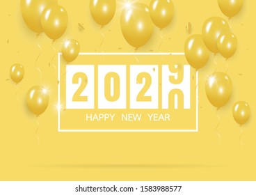 Happy new year 2020 with creative yellow balloon concept on pastel yellow background for copy space. minimal concept. Vector Illustration