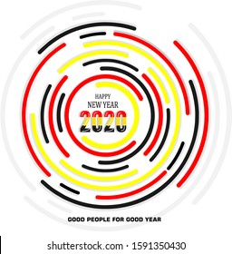 Happy new year 2020. Creative line art circle vector illustration background. Simple template design for greeting card, calendar or print with red, black, yellow, and white color concept.