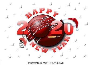 Happy new year 2020 and cricket ball with helmet, bat and Christmas hat. Creative design pattern for greeting card, banner, poster, flyer, party invitation, calendar. Vector illustration