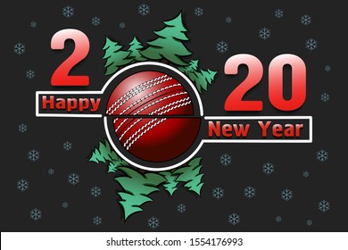 Happy new year 2020 and cricket ball with Christmas trees on an snowflakes background. Creative design pattern for greeting card, banner, poster, flyer, party invitation, calendar. Vector illustration