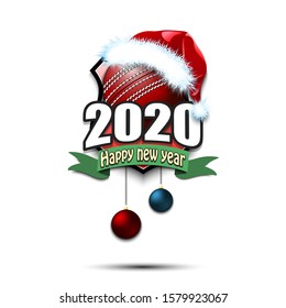 Happy new year 2020. Cricket logo template design. Cricket ball in santa hat. Pattern for banner, poster, greeting card, party invitation. Vector illustration