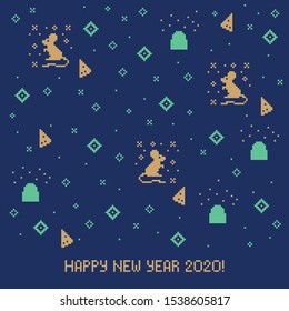 Happy new year 2020 cross stitch greeting card with rat. Pixel art