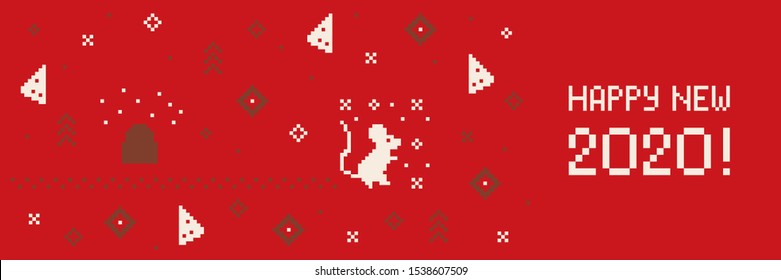 Happy new year 2020 cross stitch greeting internet banner with rat. Pixel art