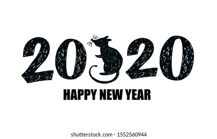 Happy new year 2020 with cute rat - beautiful hand drawn lettering postcard