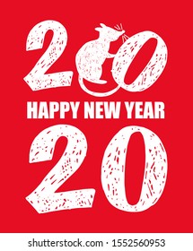 Happy new year 2020 with cute rat - beautiful hand drawn lettering postcard