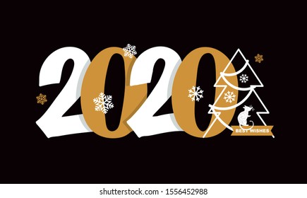 Happy new year 2020 with cute rat - beautiful hand drawn lettering postcard