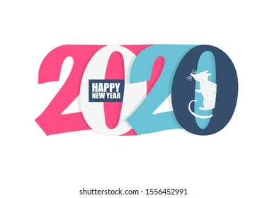 Happy new year 2020 with cute rat - beautiful hand drawn lettering postcard