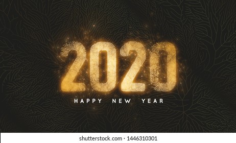 Happy New Year 2020. Dark background with gold net and glowing golden 2020 numbers as veins of gold foil and sparkles. Vector Illustration for luxury holiday greeting card, invitation, calendar