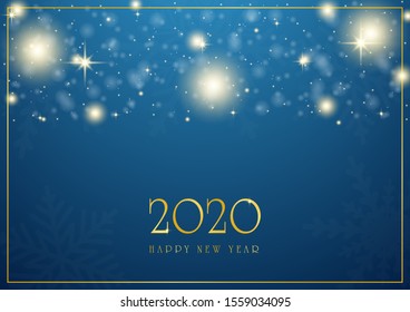 Happy New Year 2020 - New Year dark blue background with gold text, snowflakes and glitter, elegant design.