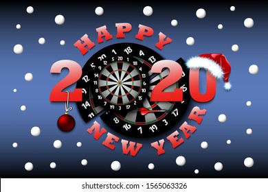 Happy new year 2020 and dartboard with Christmas ball, dart and hat. Creative design pattern for greeting card, banner, poster, flyer, party invitation, calendar. Vector illustration