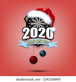 Happy new year 2020. Darts logo template design. Dartboard in santa hat. Pattern for banner, poster, greeting card, party invitation. Vector illustration