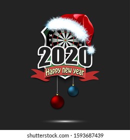 Happy new year 2020. Darts logo template design. Dartboard in santa hat. Pattern for banner, poster, greeting card, party invitation. Vector illustration