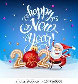 Happy New Year 2020 decoration poster card. Sign background and composition on a snowy field with Christmas toys and Santa, garlands, candy canes, gingerbread and snowflakes. Vector isolate