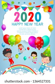 Happy New Year 2020 design greeting card with kids on background. children with Happy new year 2019, calendar Colorful Vector Illustration