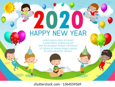 Happy New Year 2020 design greeting card with kids on background. children with Happy new year 2019, calendar Colorful Vector Illustration