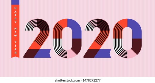 Feliz diseño de Año Nuevo 2020. Números abstractos multicolores con rayas y cintas sobre fondo rosa. Elegante ilustración vectorial en estilo retro para calendario festivo, tarjeta de saludo, volante o banner