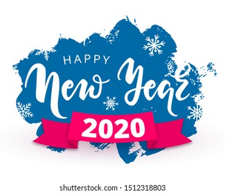 Happy New Year 2020 design concept with lettering, snowflakes and red ribbon on textured brush spots grunge background. Vector illustration for print, banner, advert, web, decoration, greeting card