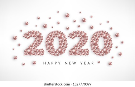 Happy New Year 2020 design concept with numbers of rose gold bead on white. Golden pink pearl luxury background. Vector illustration for print, banner, advert, web, decoration, greeting card