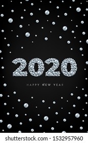 Happy New Year 2020 design concept with numbers of silver beads black. Metallic pearl luxury Christmas background. Vector illustration for social media, print, banner, advert, web, greeting card