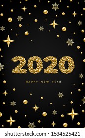 Happy New Year 2020 design concept with numbers of golden bead, star, snowflake on black. Gold metallic pearl luxury Christmas background. Vector illustration for social media, banner, greeting card