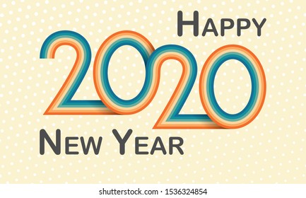 Happy new year 2020 design template. Old style design for calendar, greeting cards or print. Retro background with rounded striped design element in color and halftone dots.