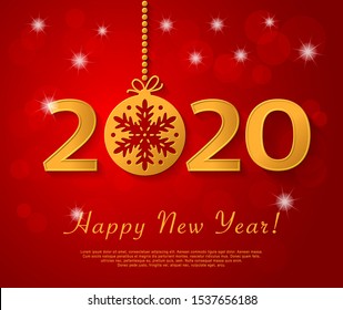 Happy New Year 2020 design with golden christmas ball with snowflake. Vector red christmas greeting 