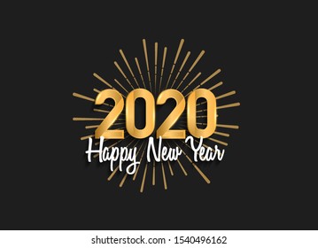 Happy New Year 2020. Design vector for greeting, invitation, background, poster and midnight celebration, golden color with firework