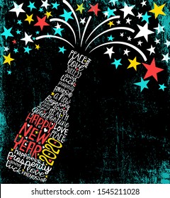 Happy New Year 2020 design. Abstract champagne bottle with inspiring handwritten words, bursting stars. Dark background with space for text.
