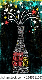 Happy New Year 2020 design. Abstract champagne bottle with inspiring handwritten words, bursting stars. Dark background with space for text.
