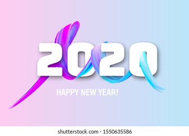 Happy New Year 2020. Design for christmas calendar, greeting cards or print. Vector illustration. Acrylic brush effect.