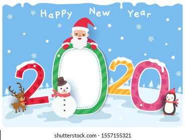 Happy New Year of 2020 design with santa claus and snowman on snow background.
