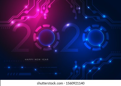 Happy new year 2020 design with futuristic technology background. Vector illustration