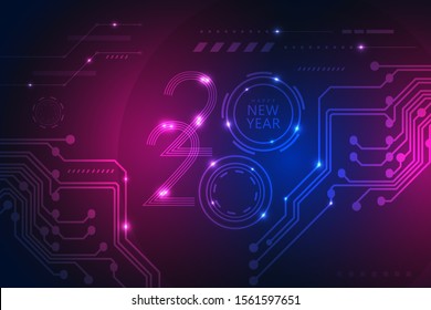 Happy new year 2020 design with futuristic technology background. Vector illustration