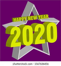 Happy New Year 2020 Design 3d Text and 3d Star Color White