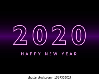 Happy new year 2020 design, with line and light neon style. Design for greeting card or banner etc. Isolated on background. 
