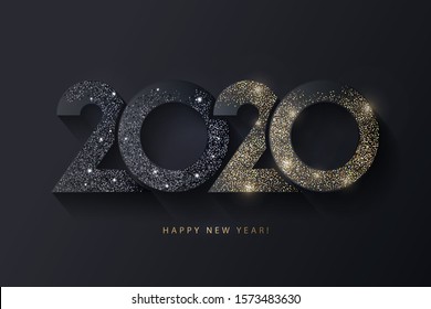 Happy New Year 2020 design. Modern trendy 2020 glittering black and gold numbers isolated on black background. Vector festive illustration. Holiday decoration.