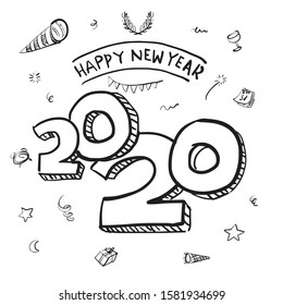 Happy new year 2020 design template. illustration hand drawn doodle. Design for calendar, greeting cards or print