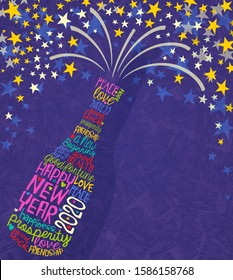 Happy New Year 2020 design. Abstract champagne bottle with inspiring handwritten words, bursting stars. Dark background with space for text.
