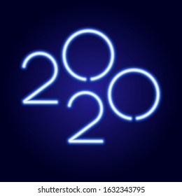 Happy new year 2020 design template title from glowing blue neon luminescence lines on classic blue dark background. Vector illustration.
